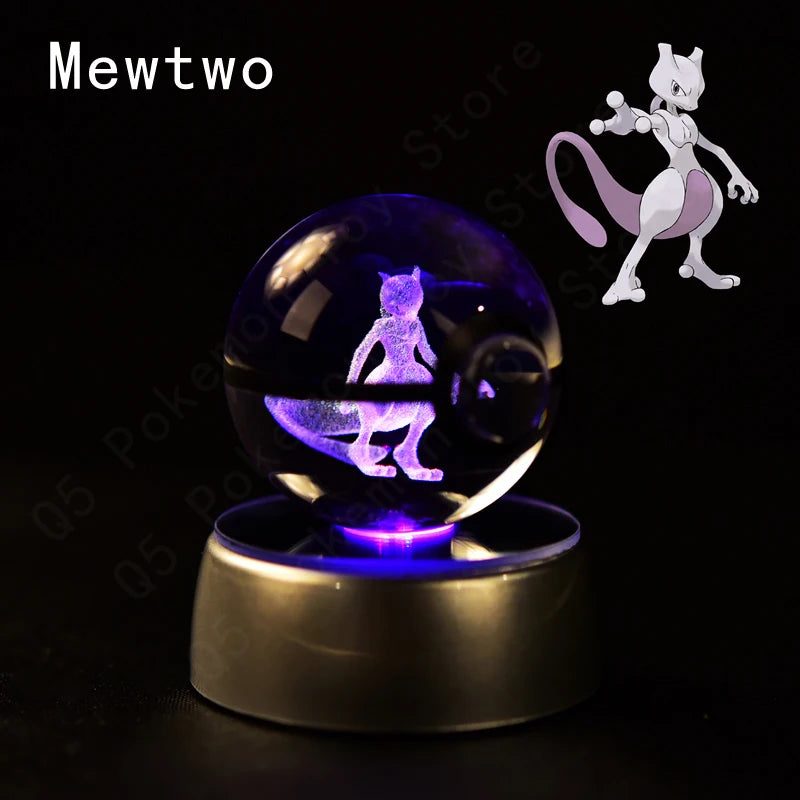 Pokemon 3D Crystal Ball Figurine — Pikachu, Gengar, Mew, Mewtwo Glass Statue with Lamp Base, Kids Birthday Gift