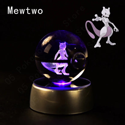Pokemon 3D Crystal Ball Figurine — Pikachu, Gengar, Mew, Mewtwo Glass Statue with Lamp Base, Kids Birthday Gift