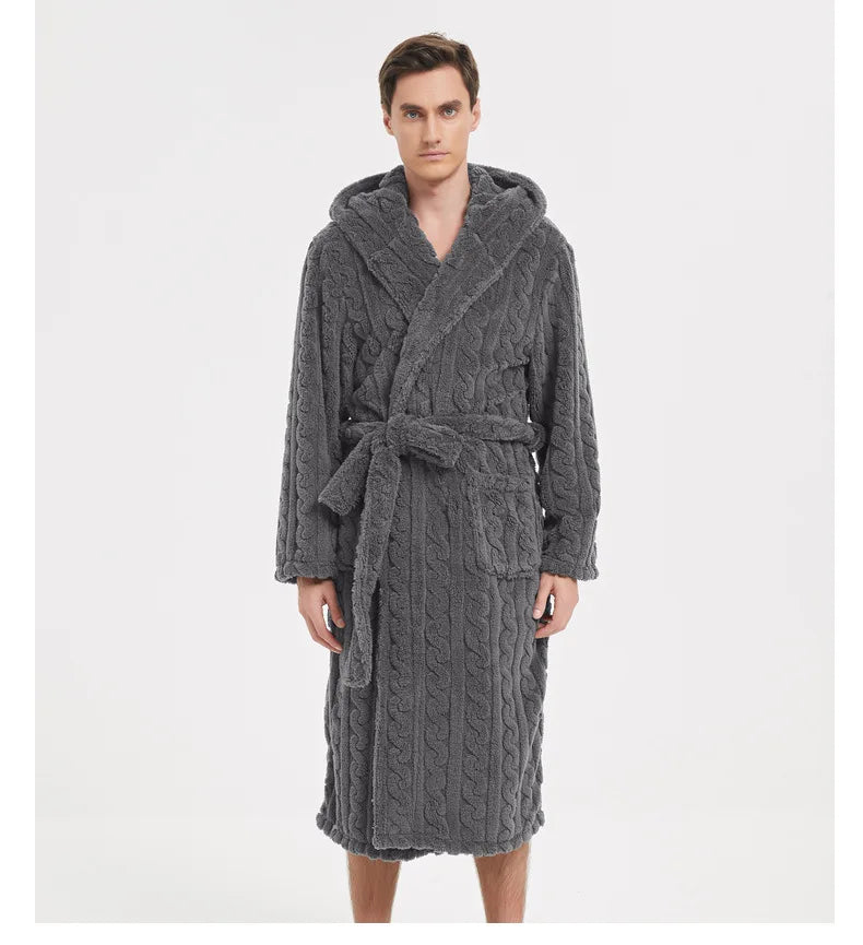 Men’s Fall & Winter Warm Hooded Robe – Thickened Cotton Velvet Jacquard Homewear for Couples
