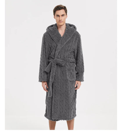 Men’s Fall & Winter Warm Hooded Robe – Thickened Cotton Velvet Jacquard Homewear for Couples