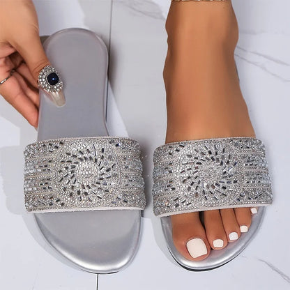 Women’s Silver Crystal Flat Slippers – Plus Size Comfortable Summer Beach Shoes