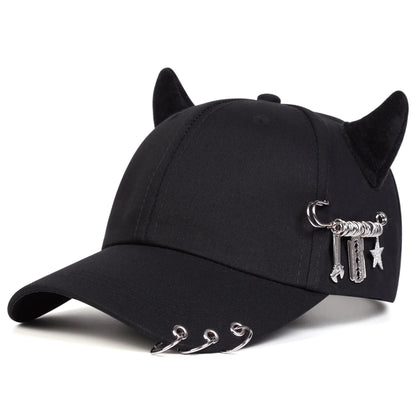 Unisex Cow Horn Baseball Cap - Personality Iron Ring Design, Adjustable Casual Outdoor Sun Hat for Spring & Autumn