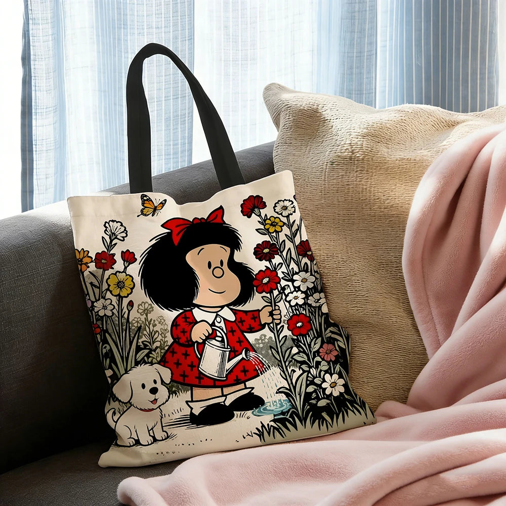 Vintage Cartoon Girl & Puppy Gardening Tote Bag – Cute Floral Watering Scene Canvas Shopper with Butterfly Design, Large Capacity Casual Handbag