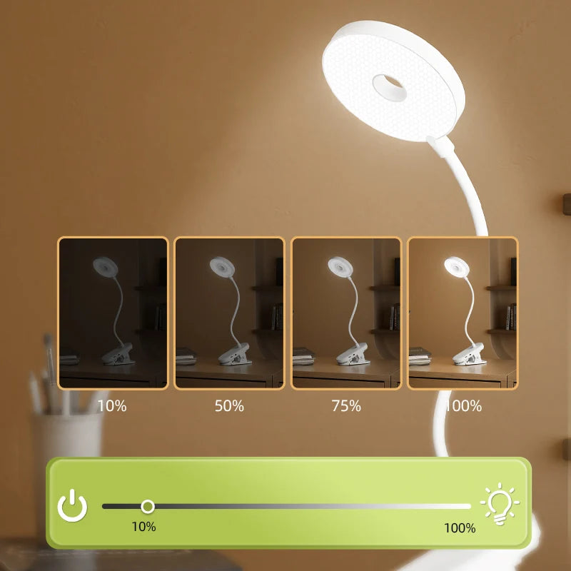 Clip-On LED Desk Lamp – Portable Book Light with Stepless Dimming, 1200mAh Eye Protection for Reading & Study