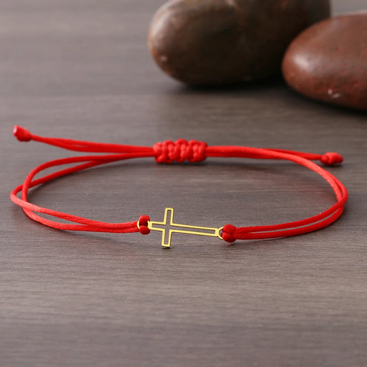 Gothic Cross Rope Bracelet - Stainless Steel Hollow Charm Hand Braided Lucky Black & Red Jewelry Gift for Women