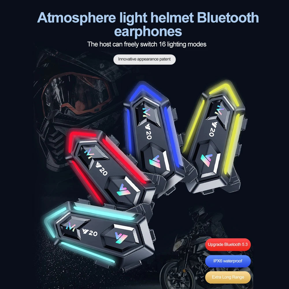 Y20 Motorcycle Helmet Bluetooth Headset – BT5.3 Wireless Hands-Free Call, Noise-Reduction, Waterproof with RGB Light