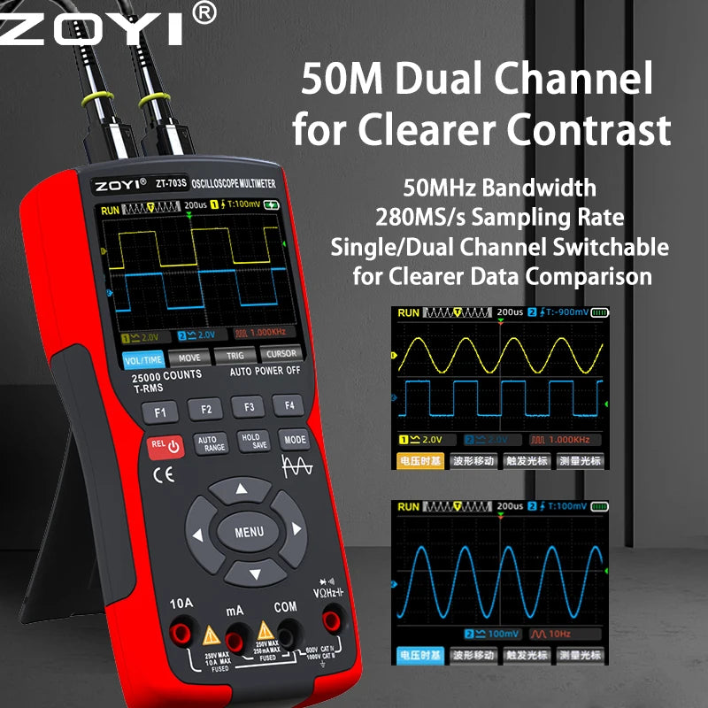 ZOYI 703S Handheld Oscilloscope Multimeter – Dual-Channel 3-in-1 Auto Repair Tool with Color Screen