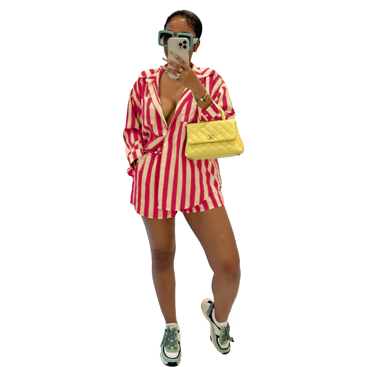 2025 Women’s Casual Striped Shorts & Long Sleeve Shirt Set – Spring Summer Office & Vacation Outfit