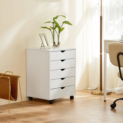 Wood Nightstand Cabinet with 5 Drawers – Waterproof Surface Storage Organizer with Rotating Wheels, Easy-Move Bedside Table for Office
