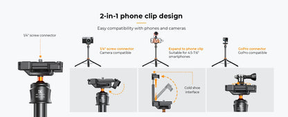 K&F Concept MS08 62'' Phone Tripod – 1.58m Selfie Stick with Bluetooth Remote & GoPro Adapter (Black & Orange)