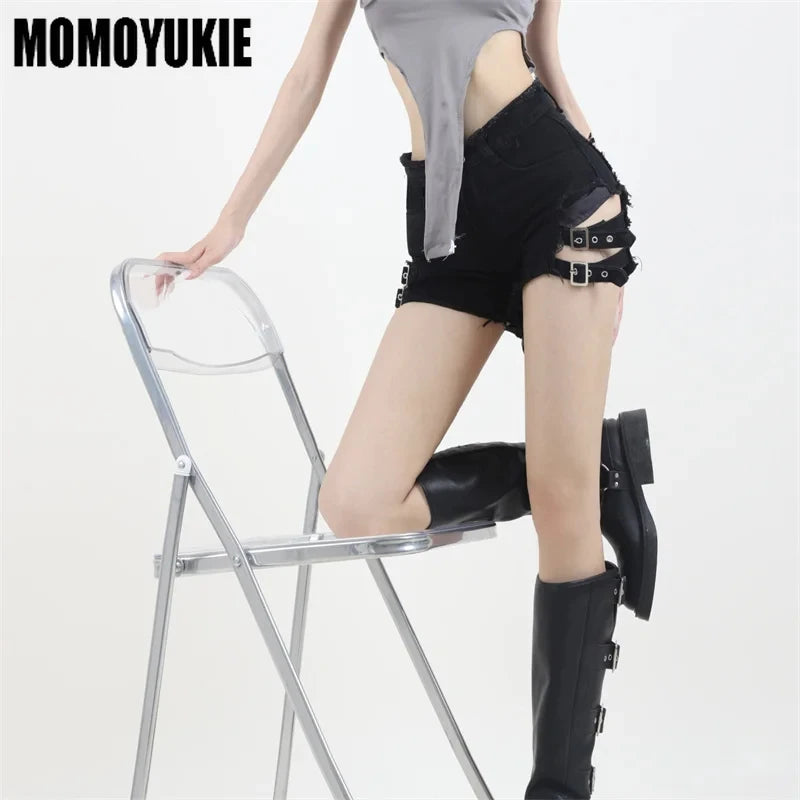 Vintage Harajuku Denim Shorts - Women's High Waist Irregular Goth Rock Style Slim Fit Summer Shorts