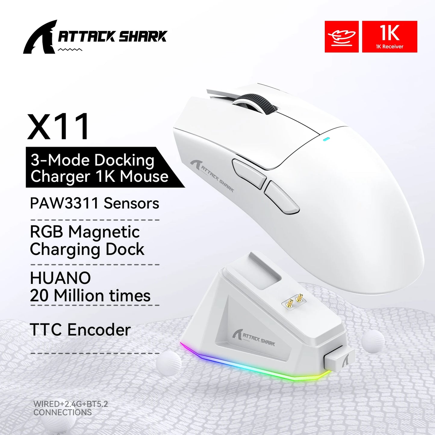 Attack Shark X11 Tri-Mode Wireless Gaming Mouse – 2.4GHz/Wired/Bluetooth PAW3311 22000DPI RGB PC Mouse 400IPS