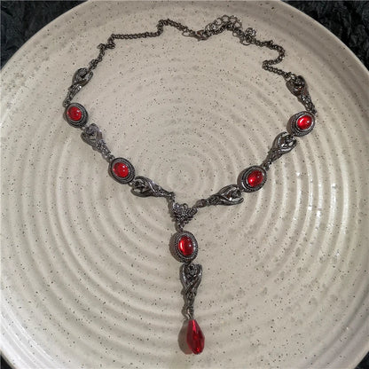 Goth Y2K Heart Cross Choker Necklace - Dark Red Stone Bead Punk Grunge Jewelry for Women Halloween Style