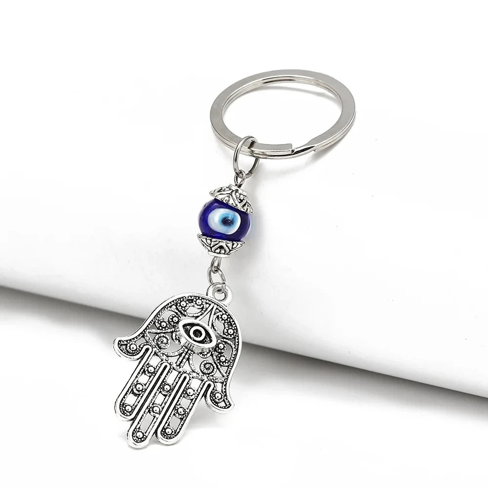 Lucky Eye Fatima Hand Keychain – Alloy Tree of Life Elephant Owl Blue Turkish Evil Eye Car Keyring Jewelry for Men & Women Gift