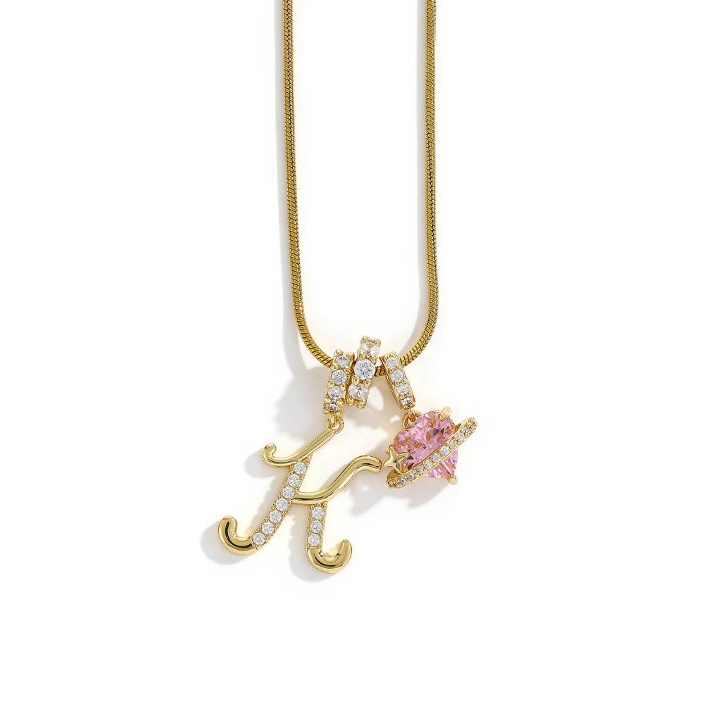 Gold Zircon Flower Letter Necklace - A-Z Alphabet Pendant Jewelry Gift for Women