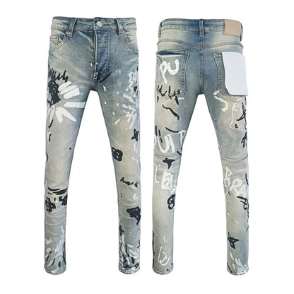 Men's Graffiti Washed Jeans - Retro Distressed Low Rise Skinny Denim Pants