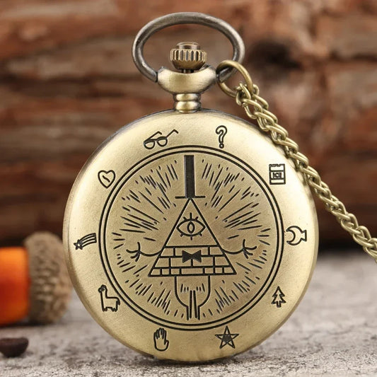 Eye of Providence Triangle Devil Quartz Pocket Watch - Gravity Bill Cipher Fall Time Gem Necklace Pendant Clock Gift