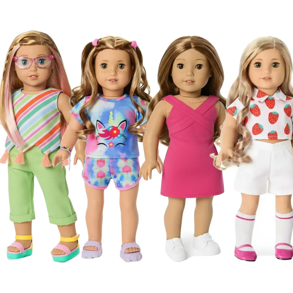 4-Piece Doll Clothes Set – Daily Pretty Dresses, Top & Pants for 43cm Born Baby Dolls & 18-Inch American Dolls, Festival Gift for Girls