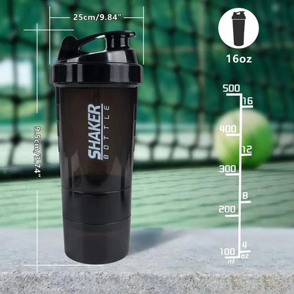 3-Layer Shaker Protein Bottle: Powder Shake Cup for Body Building, Exercise, and Hydration - Plastic Mixing Cup