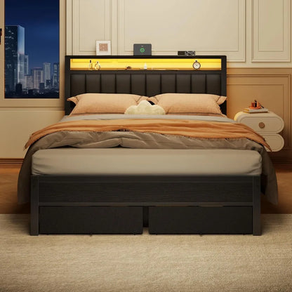 LED Bed Frame with Charging Station – Grey Upholstered Headboard with Shelves, Metal Platform Platform Bed with Custom Storage Design