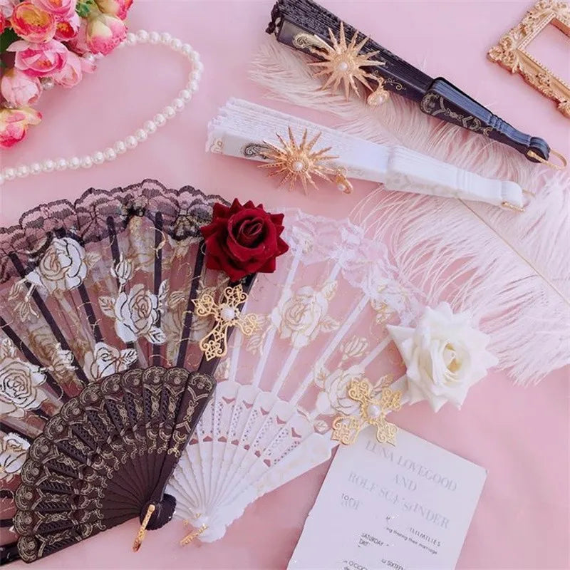 Victorian Lace Hand Fan - Lolita Gothic Vintage Black White Red Rose Bamboo Fan for Cosplay & Halloween