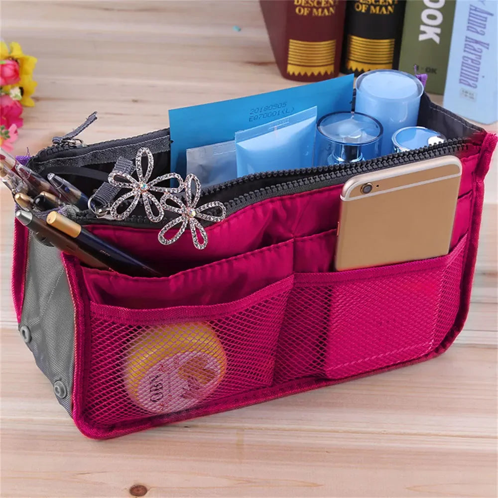 Women’s Nylon Cosmetic Organizer Bag – Foldable Large Capacity Travel Makeup Insert Handbag Tote Organizer Liner Bag