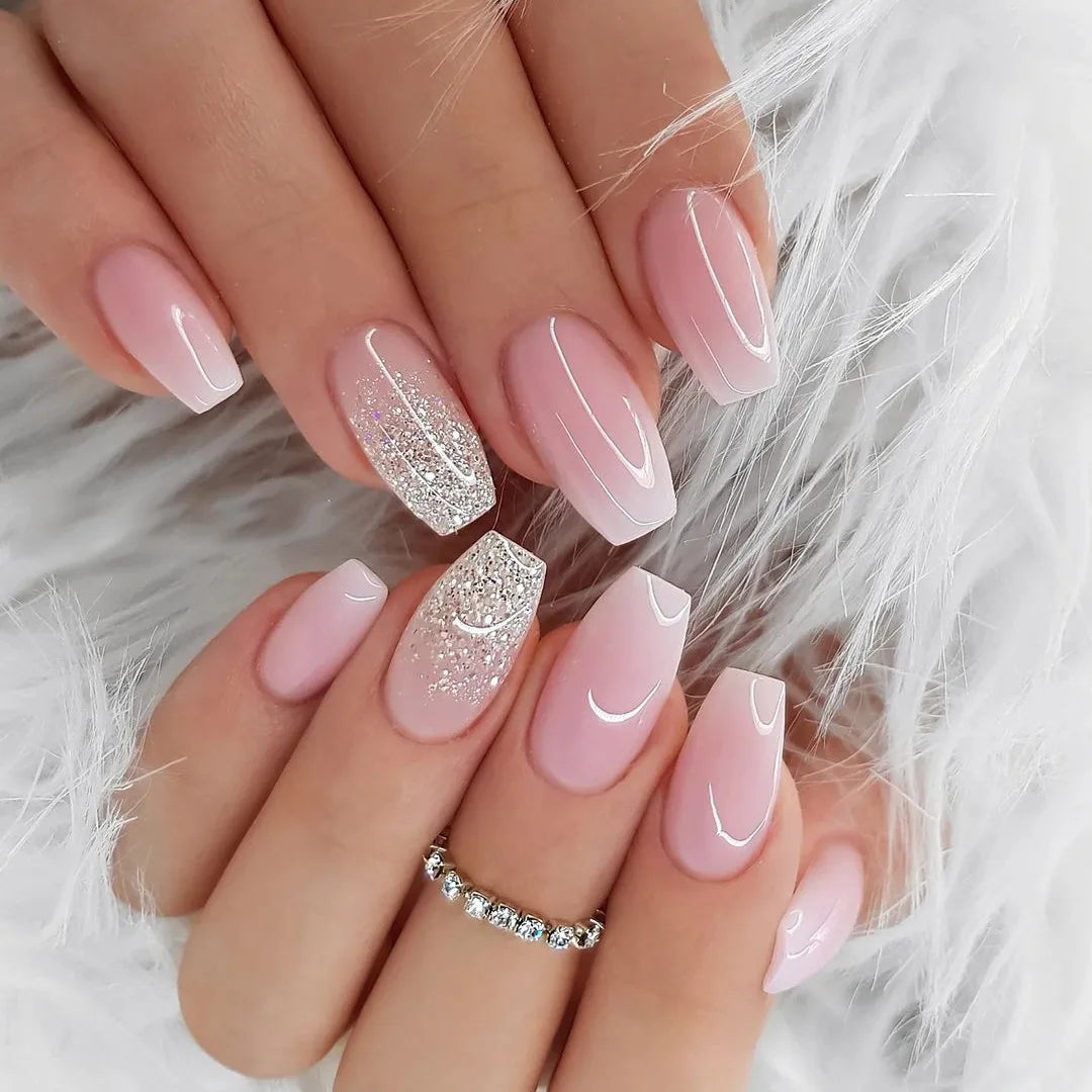 24Pcs Square Press On Nails - Nude White Gradient French False Nail Tips with Full Cover Short Design