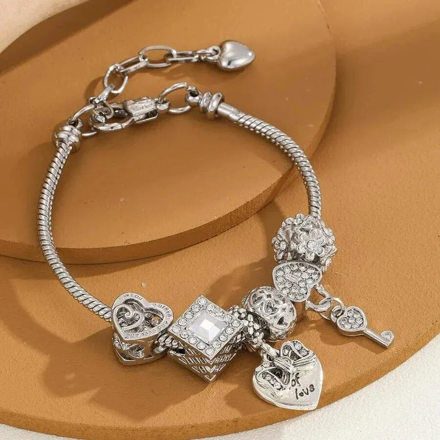 Obega Love Heart & Flower Glass Pendant Charm Bracelet - Adjustable Pink & White Crystal Stone Bead Bracelet in Silver/Gold
