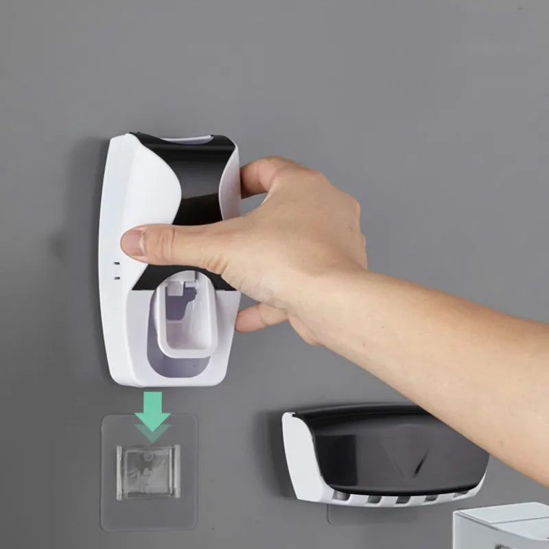 2-Piece Automatic Toothpaste Dispenser and Toothbrush Holder Set - Wall-Mounted, Dust-Proof Bathroom Accessory with Squeezer Function