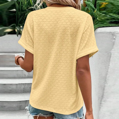 2023 Women's Jacquard V-Neck Blouse – Casual Button-Up, Loose Fit Short Sleeve Oversized Summer Shirt