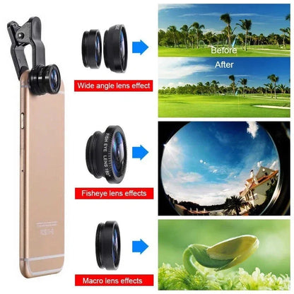 3-in-1 Fisheye Wide Angle Smartphone Camera Lens - Clip-On Macro & Zoom Lens for iPhone Xiaomi Redmi