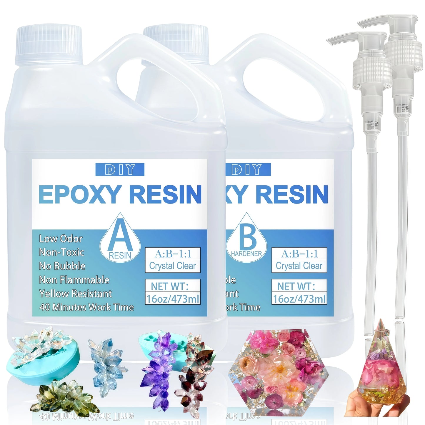 Crystal Clear Bubble-Free Epoxy Resin Kit with Pumps for DIY Crafts, Art, Molds & Casting with Hardener Set