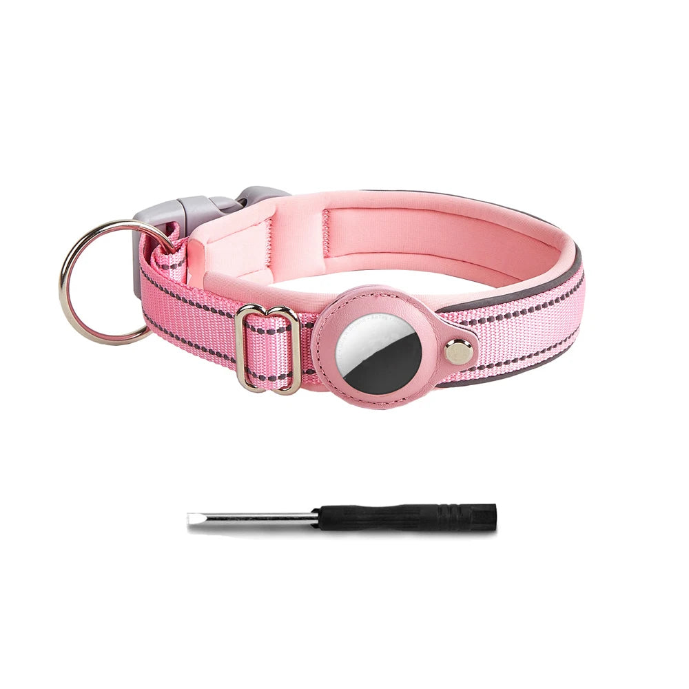 Reflective Heavy-Duty Dog Collar with Adjustable AirTag Holder — For Small, Medium & Large Dogs
