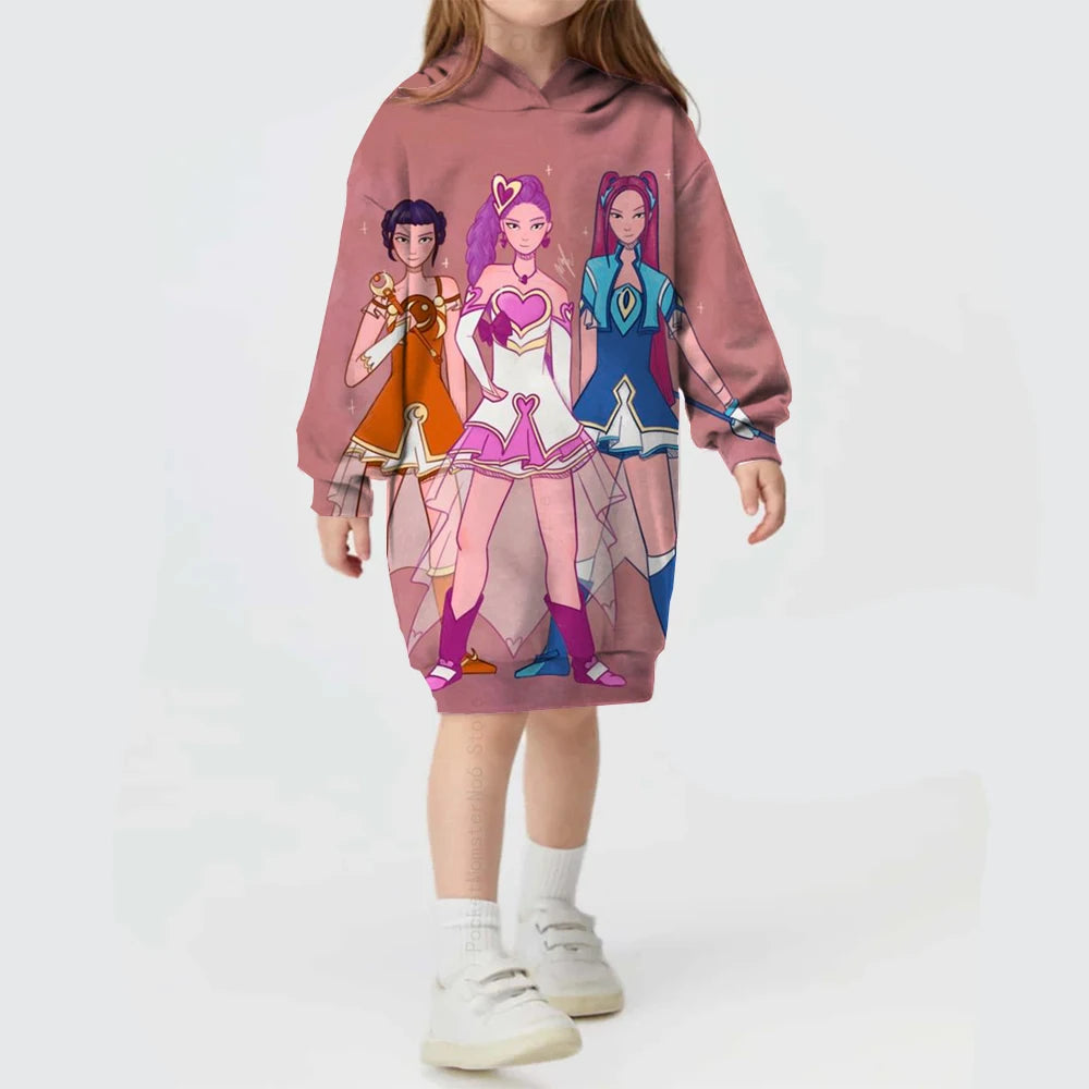 KPop Demon Hunters Hoodie Dress — Rumi Cute Cartoon Sweatshirt Pullover for Girls, Long Sleeve Autumn Y2K Sportswear