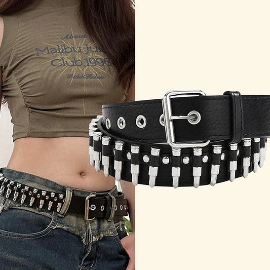 Punk Girl Bullet Rivet Belt — Goth-Inspired Leather Waistband, Fashionable Statement Accessory