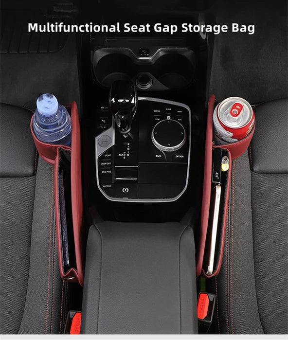 Leather Car Seat Gap Organizer – Multifunction Console Crevice Filler, Side Storage Box with Cup Holder, Car Interior Storage Pocket