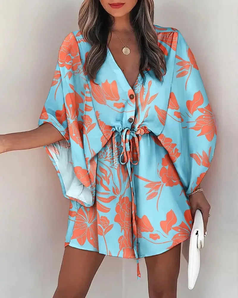 Women’s Floral Summer Dress - V Neck Bat Sleeve Ruffle Boho Dress with Irregular Hem Casual 2024 Style