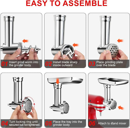 Metal Food Grinder Attachment for KitchenAid and Cuisinart SM-50 Series Stand Mixers - Includes Meat Grinder and Sausage Stuffer