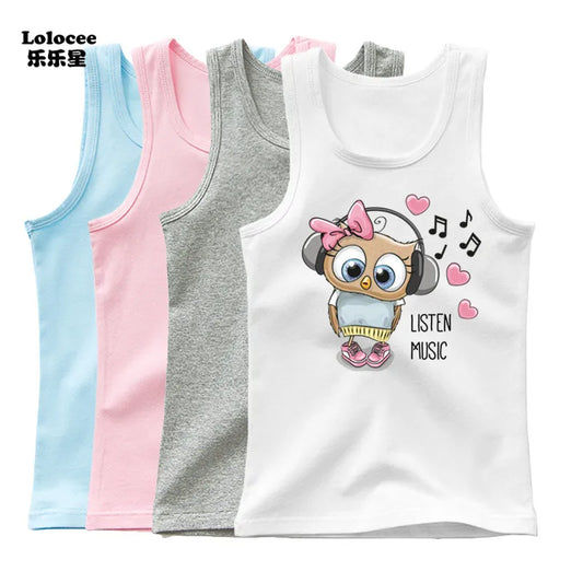 Girls Owl Print Tank Top - Sleeveless Cotton Sports Vest Shirt for Kids 3-14 Years