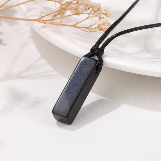 Men's Vintage Rectangle Obsidian Pendant Necklace – Natural Tiger Eye & Labradorite Gem, Leather Rope Braid Healing Jewelry