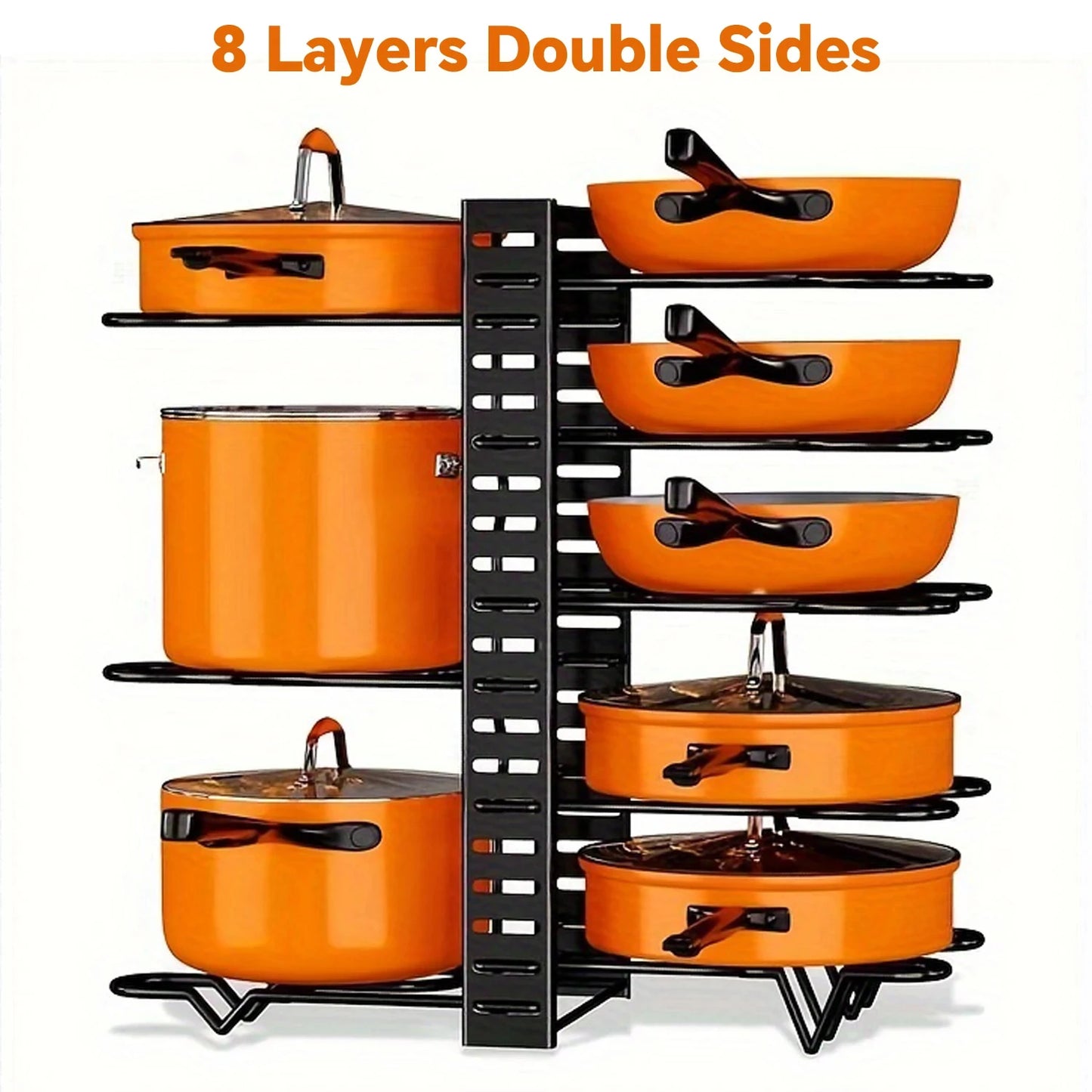 8 Tier Pot Rack Organizer - Space Saving Metal Holder for Pots, Pans & Lids Kitchen Storage Rack