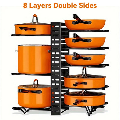 8-Tier Pot Rack Organizer - Space-Saving Metal Holder for Pots, Pans & Lids Kitchen Storage
