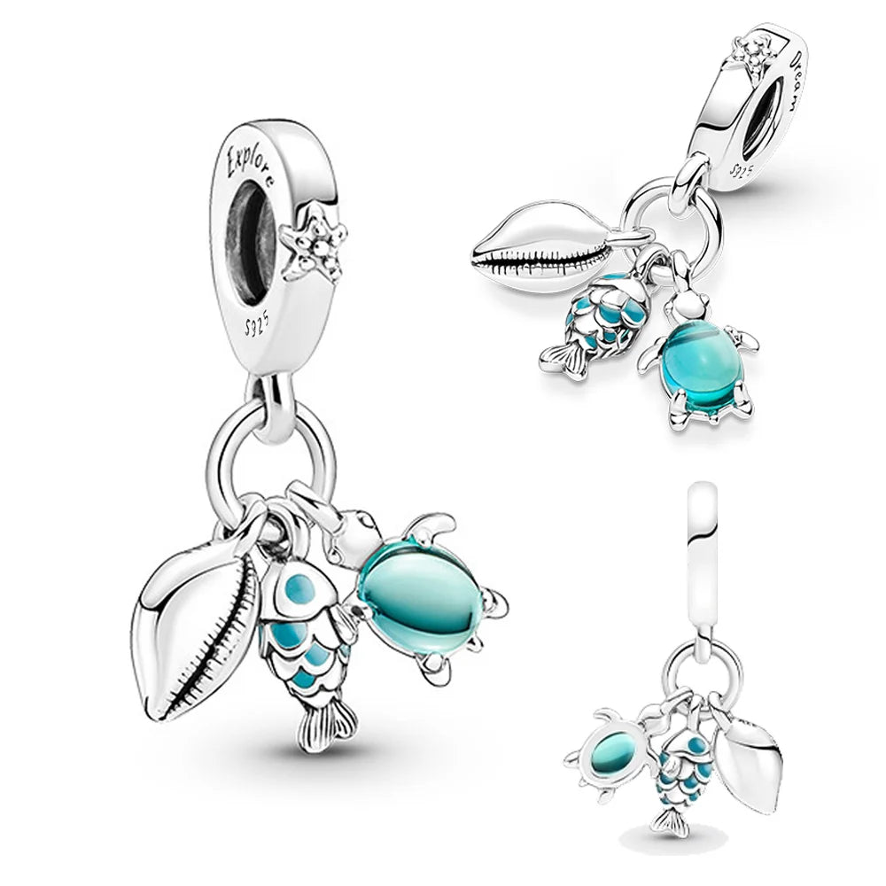 925 Silver Plated Murano Glass Sea Turtle Dangle Charm - Colorful Pink & Blue Jewelry for Women's Bracelet