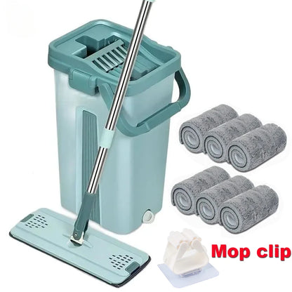 Hand-Free Wringing Flat Squeeze Mop with Bucket: Microfiber Mop Pads for Wet or Dry Usage on Hardwood Laminate Floors
