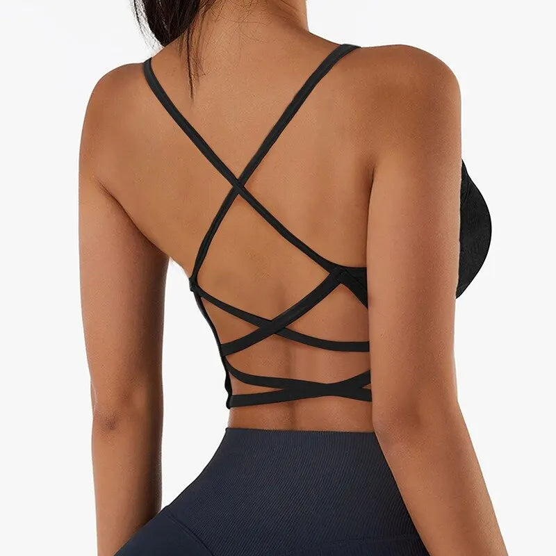 Cross Strap Women's Sports Bra - Push-Up Yoga Gym Crop Top for Fitness, Breathable Brassiere