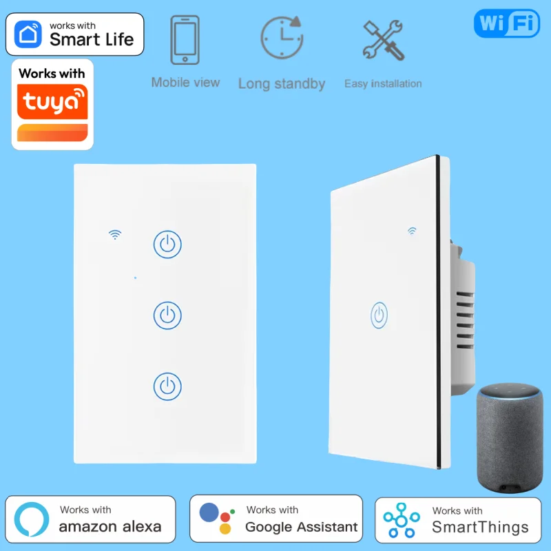 WiFi & Bluetooth Smart Touch Panel Switch - US Standard, 1/2/3/4 Way, Compatible with Tuya & Google Home