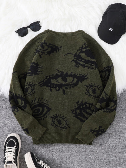 Men's Abstract Eye Jacquard Sweater - Round Neck Knitted Autumn Winter Casual Pullover Top