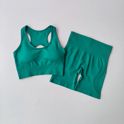 2-Piece Women’s Seamless Yoga Set – Sexy Sport Bra & High-Waist Shorts, Sleeveless Gym Fitness Workout Sportswear