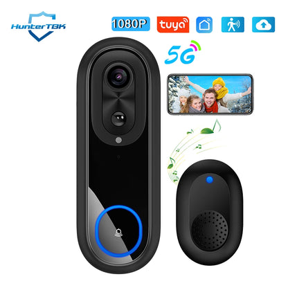 5G/2.4G WiFi 1080P Wireless Video Doorbell — Tuya App Smart Intercom, IP65 Waterproof, 7000mAh Battery