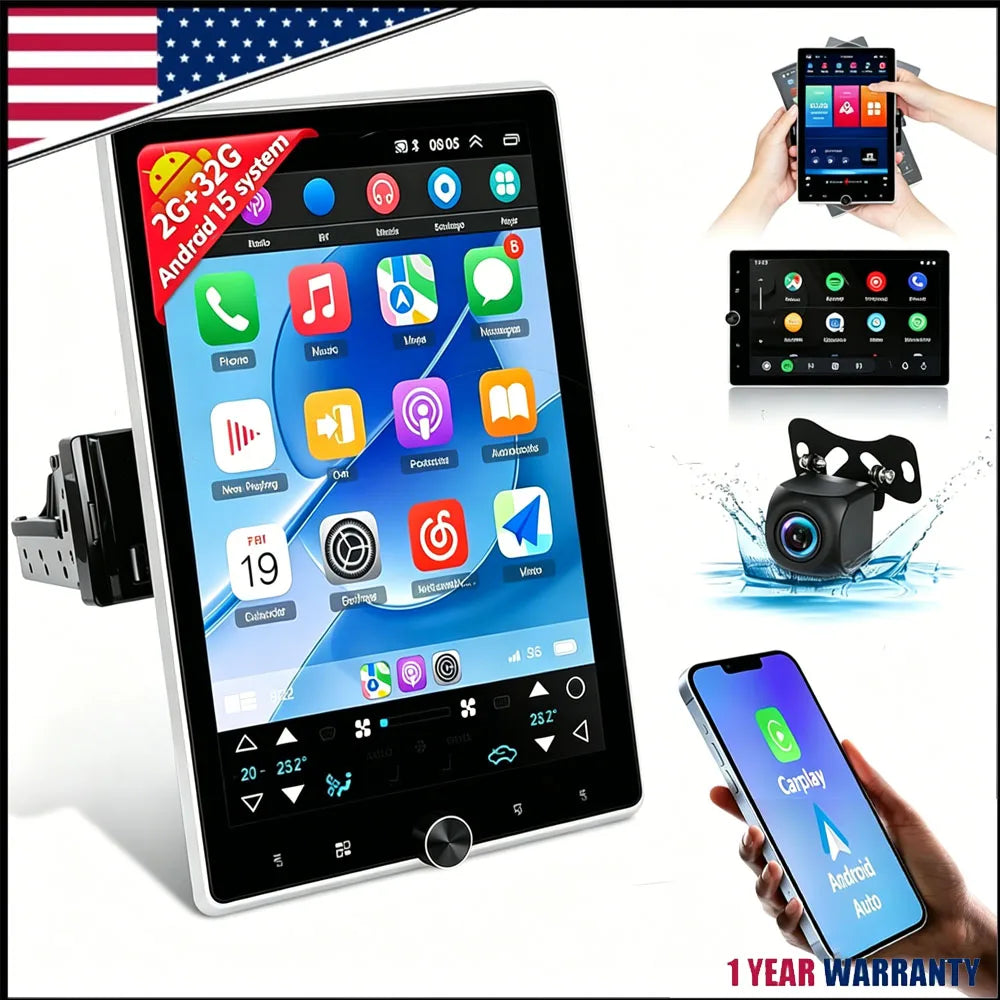10 Inch Android 15 Car Stereo - Universal Double DIN Rotatable Touchscreen with Wireless CarPlay, GPS, Bluetooth, WiFi & Backup Camera Support